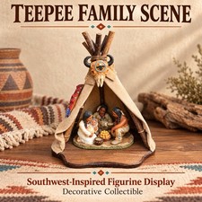 Vintage Decorative Native Indian Wood Leather Teepee. Family of 5 with child. picture