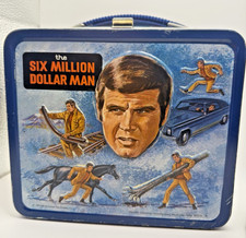 Vintage Six Million Dollar Man Metal Lunch Box Thermos 1974 crisp N0 RUST Clean picture