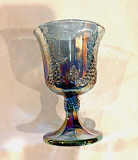 Vintage Iridescent Blue Carnival Glass Goblet – Harvest Grape & Vine Pattern picture