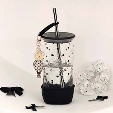 Starbucks China 2026 Retro Black Polka Dot 18oz Glass Straw Cup w/ Charm picture