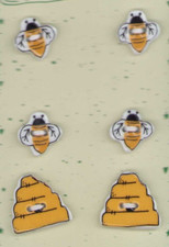 Lot of 6 Vintage Ceramic Buttons Original card Honey Bees Hives Yellow Black picture