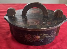Antique Vintage Nordic HandPainted Bentwood Wood Tine Box Treen Folk Art 8” picture