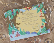 1929 Vintage Christmas Card: Snowy Village, Holly, Birds, Gold Art Deco Ephemera picture