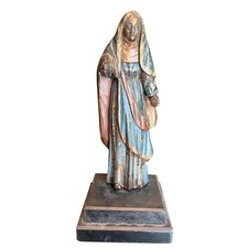 Antique Hand Carved Polychrome Wood Religious Saint Statue Folk Art Figurine picture