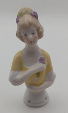 Antique 1920s German Porcelain Half Doll Pincushion Yellow Dress Purple Flower picture
