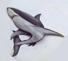 Great White Shark hand painted palm frond-original carved wall mount-Nautical picture