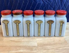 Vintage Griffiths Red Metal Lids Milk Glass Spice Jars Set of 6 picture