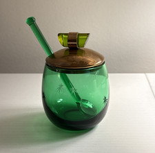 Vintage Mid-Century Paden City Green Glass Condiment Jar w/ Brass Lid & Spoon picture