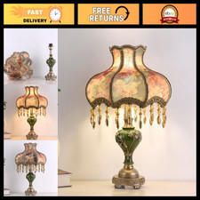 Victorian Table Lamp with Fabric Shade & Beaded Fringe, Elegant Green Design picture