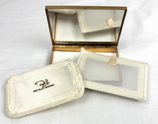 Rare VTG ZELL 5th AVENUE White & Gold Tone Mirrored Powder Compact with PUFF picture