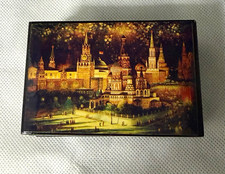 Vintage Russian Lacquer Box Red Square Kremlin St Basil Moscow Night MINT picture