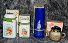 Lot of 4 AVON Bathroom Items Country Garden Glass Powder Sachets Bath Oil Talc picture
