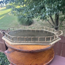 Vtg Hollywood Regency Faux Bamboo Brass Octagonal vanity Tray W/Handles 13 x 9 picture