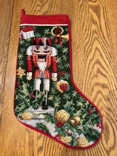 Vtg. Needlepoint Nutcracker Christmas Stocking Velvet & Wool 17.5” picture