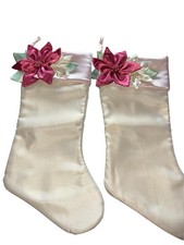 Vtg. Set of 2 Martha Stewart Pink & Cream Poinsettia Satin Christmas Stockings picture