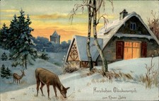 New Year's Deer in Snowy Cottage Scene c1900s-10s Vintage Postcard picture