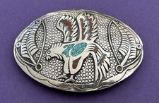 VTG Signed Native American Sterling Silver Gem Inlay Eagle & Feather Belt Buckle picture