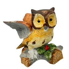 Vintage Owl Perched on Log  Figurine Decorative Multicolor picture