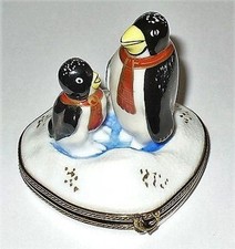 LIMOGES FRANCE BOX - CHRISTMAS - PENGUINS & RED SCARVES & SNOW -SNOWFLAKES- FISH picture