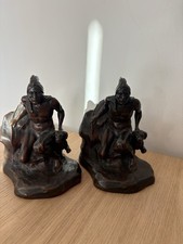 ANTIQUE JENNINGS BROTHERS BOOKENDS AWAITING PREY NATIVE AMERICAN INDIAN & DOG picture