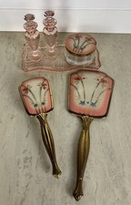 Vintage Gold Tone Pink Vanity Set 6pc Flowered Mirror Brush Perfume Bottles Glam picture