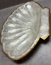 Vintage Capiz Scallop Shell Tray 9.5” Mid-Century Mother of Pearl Gold Trim picture
