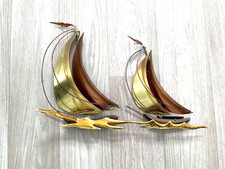 2 Vtg MCM Sailboat Wall Art Brass Copper gold Metal Wood Nautical 11