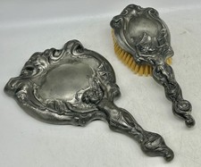 Art Nouveau Silver Plated Mirror & Brush Vanity Set, Fairy, Cherub, Cupid, 1910 picture