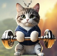 A Strong Cat Lifting Barbells, Rear View Mirror, Acrylic, Hanging Decoration. picture