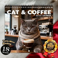Cat & Coffee 2026-2027 Wall Calendar Cozy Coffee Lover Gift 12x12 Inches picture