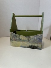 VTG DECOLINE NY WOODEN CADDY TOTE ORGANIZER FAUX DECOUPAGE COTTAGECORE picture