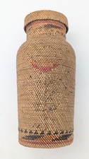 Antique Makah Native American Basketry Covered Glass Bottle w/ Lid 6.2