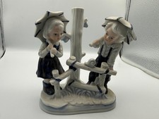 VTG Blue & White Porcelain Boy Girl Umbrella Figurine Bud Vase Hummel Style 5.5