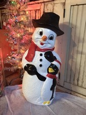 Blow Mold Lighted Snowman With Carrot Nose And Penguin Friend Union Products picture
