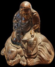 Old Japanese Bronze Sculpture Zen Master Sitting Reading Scroll Daruma Figure  picture