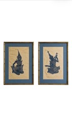 Vintage Framed Thai Temple Rubbing Art Pair Blue Ink Figural Wall Decor picture