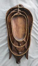 Vintage Nesting Carved Wood Pig Basket Serving Trays Fruit Wicker Braided Set 3 picture
