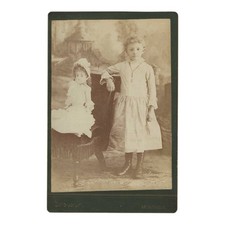 Antique Cabinet Card Photograph Girl with Huge Victorian Doll Bisque Toy 1890s picture