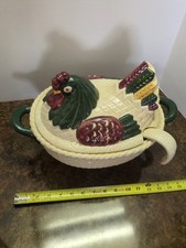 VINTAGE Metlox Poppytrail Green Rooster LARGE Soup Tureen Bowl w/Ladle, Rare picture