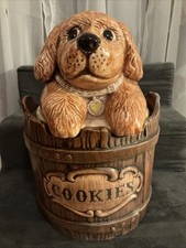 Vintage 1983 Treasure Craft Puppy Dog In A Barrel Cookie Jar Ceramic USA 11” picture