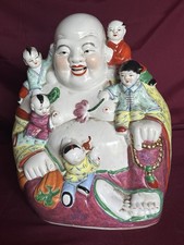 Vintage Chinese Smiling Fertility Buddha w/ 5 Children Porcelain Statue 10” High picture