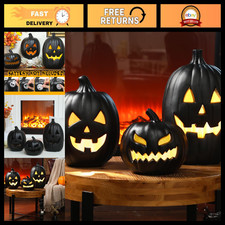 3 Pcs Black Halloween Jack O'Lantern Decorations with LED Lights - Spooky Decor picture