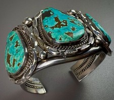 HUGE Navajo Sterling Silver HIGH GRADE MORENCI Turquoise Cuff Bracelet 94 Grams picture