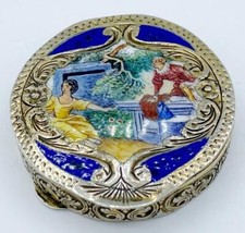 Antique Vintage 800 Silver & Enamel Snuff Pill Box w/ Scenic Courting Couple picture