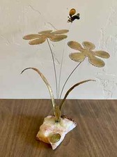 vintage Ken Rains bee & flowers sculpture, torch-cut brass, quartz base, VGC picture