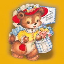 Vintage 1950s Die Cut Birthday Card Grandmother Bear Flowers Day-Glo Pat 2417384 picture