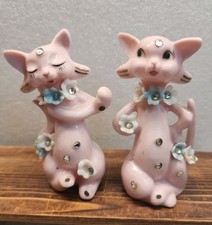 Vintage Lefton Porcelain Pink Cat Salt & Pepper Shakers MCM T-64 CB picture