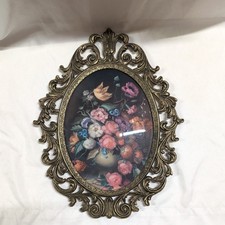 Vintage Brass Victorian Look Wall Frame With Floral Picture 13.5'' H picture