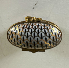 Limoges France Peint Main Oval Porcelain Hinged Trinket Box Black White Gold picture