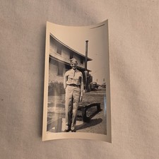 Vintage B&W Photo US Soldier Uniform Barracks Cars 1940s WWII Era Snapshot picture